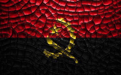 Bandera de Angola, 4k, agrietado suelo, &#193;frica, Angola bandera, arte 3D, Angola, pa&#237;ses Africanos, los s&#237;mbolos nacionales, Angola 3D de la bandera
