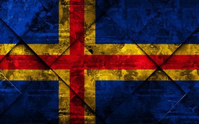 Aland Adaları bayrağı, 4k, grunge sanat, rhombus grunge doku, Avrupa, ulusal semboller, Aland Adaları, yaratıcı sanat