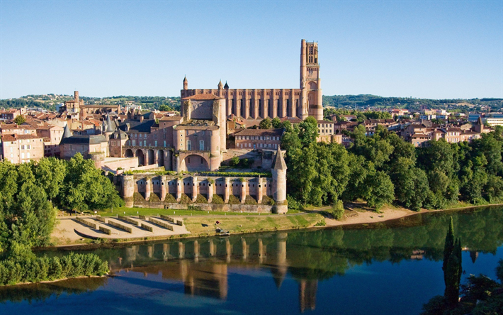 Albi Cathedral, The Cathedral Basilica of Saint Cecilia, Catholic Church, Albi, France, landmark, cityscape, morning, Midi-Pyrenees