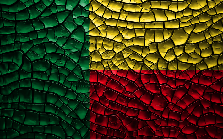 Flag of Benin, 4k, cracked soil, Africa, Benin flag, 3D art, Benin, African countries, national symbols, Benin 3D flag
