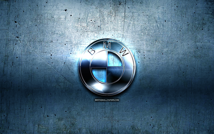 BMW metal logo, blue metal background, automotive brands, BMW, brands, BMW 3D logo, creative, BMW logo