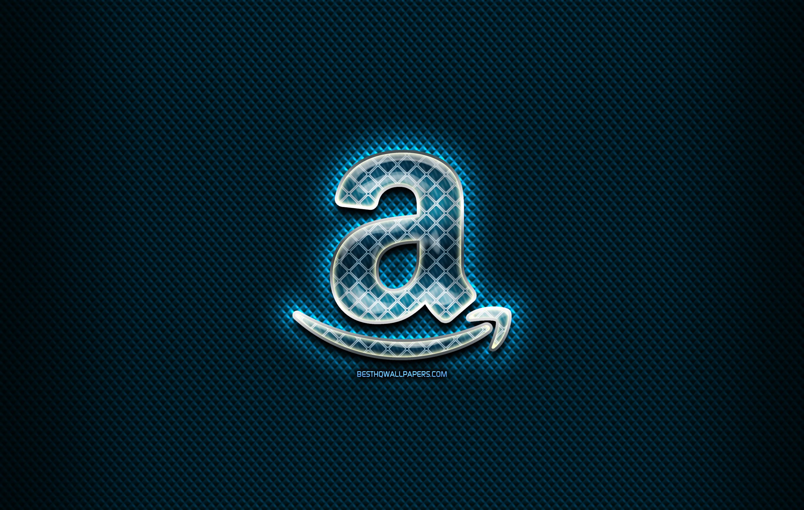 Descargar fondos de pantalla Amazon vidrio logotipo, fondo azul,  ilustración, Amazon, marcas, el logotipo, el creativo, el logotipo de Amazon  monitor con una resolución 2560x1624. Imagenes de escritorio