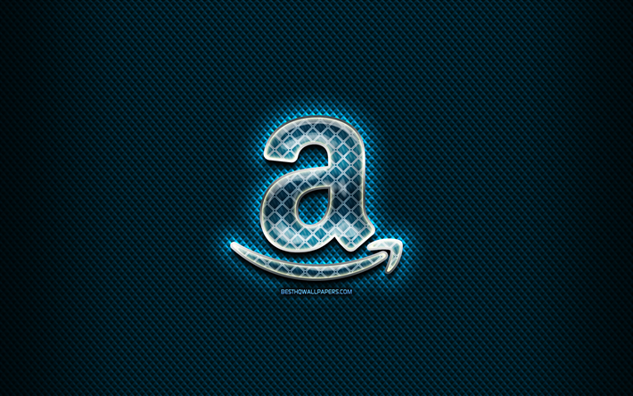 Amazon glass logo, blue background, artwork, Amazon, brands, Amazon rhombic logo, creative, Amazon logo