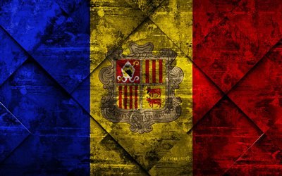 Bandeira de Andorra, 4k, grunge arte, rombo textura grunge, Andorra bandeira, Europa, s&#237;mbolos nacionais, Andorra, arte criativa