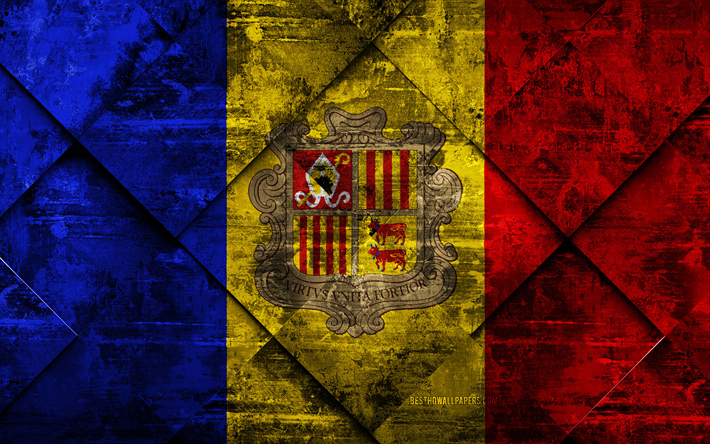 Bandeira de Andorra, 4k, grunge arte, rombo textura grunge, Andorra bandeira, Europa, s&#237;mbolos nacionais, Andorra, arte criativa
