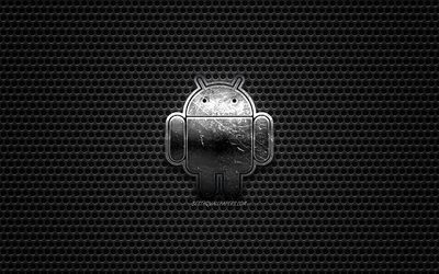 Logotipo de Android, acero pulido, logotipo, emblema, rejilla de metal textura, negro metal de fondo, Android
