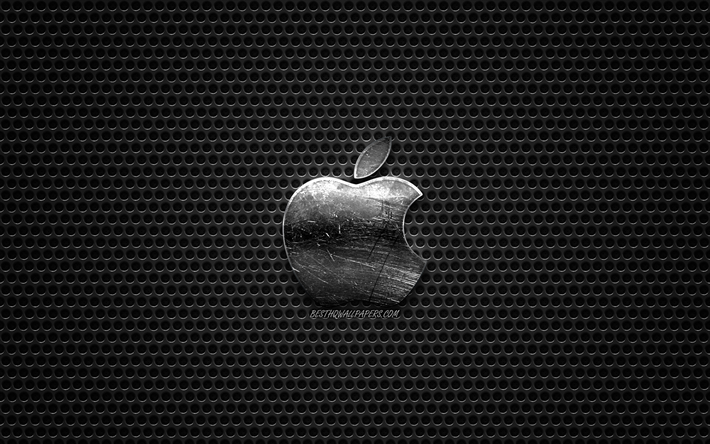 Logo Apple, arte creativa, in acciaio lucido con logo, stemma, rete metallica, sfondo scuro, Apple