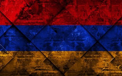 Flagga av Armenien, 4k, grunge konst, rhombus grunge textur, Armeniska flaggan, Europa, nationella symboler, Armenien, kreativ konst