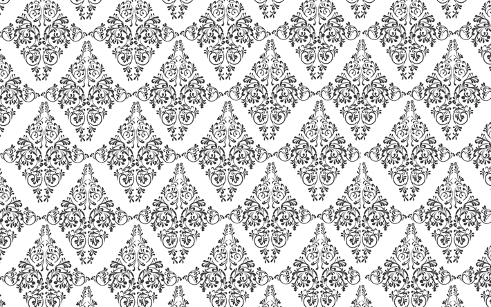 floral seamless texture, white background, vintage ornaments texture, black ornaments, seamless floral pattern
