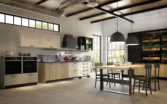 elegante interior de la cocina, del estilo del desv&#225;n, el arte concreto en la cocina, moderno dise&#241;o de interiores, comedor, casa de campo