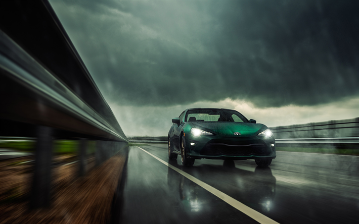 Toyota 86 Hakone Edition, 2020, front view, green coupe, car driving in the rain, highway, Japanese cars, Toyota