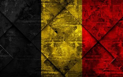 flagge von belgien, 4k, grunge, kunst, rhombus grunge-textur, belgische flagge, europa -, nationale symbole, belgien, kreative kunst
