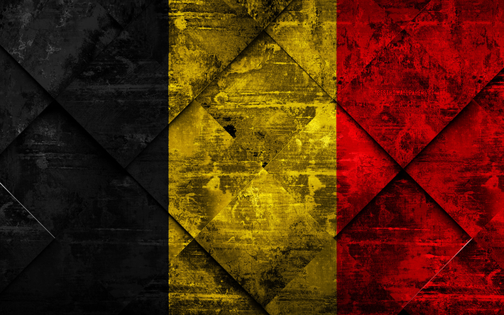 Flagg, 4k, grunge konst, rhombus grunge textur, Belgiska flaggan, Europa, nationella symboler, Belgien, kreativ konst