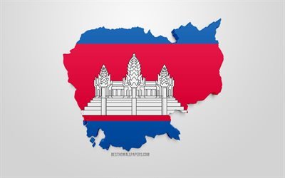 3d-flagga i Kambodja, karta silhuetten av Kambodja, 3d-konst, Kambodjas flagga, Asien, Kambodja, geografi, Kambodja 3d siluett