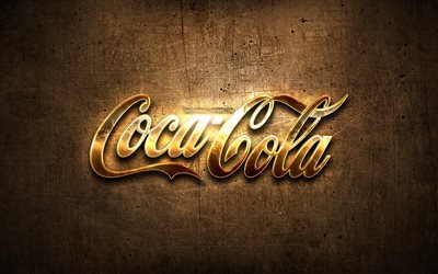 Coca-Cola golden logo, artwork, drinks brands, brown metal background, creative, Coca-Cola logo, brands, Coca-Cola