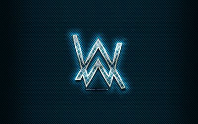 Alan Walker glass logo, blue background, artwork, Alan Walker, brands, Alan Walker rhombic logo, creative, Alan Walker logo