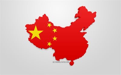 3d-flagga i Kina, karta silhuetten av Kina, 3d-konst, Kinesisk flagga, Asien, Kina, geografi, Kina 3d siluett