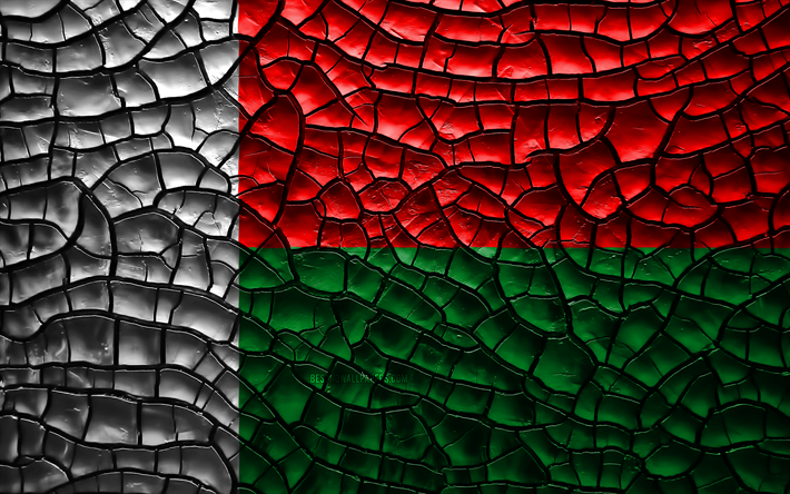 Flag of Madagascar, 4k, cracked soil, Africa, Madagascar flag, 3D art, Madagascar, African countries, national symbols, Madagascar 3D flag