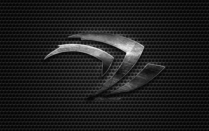 Il Logo Nvidia, in acciaio lucido logo Nvidia emblema, vecchio logo, metallo, griglia, texture, arte creativa, Nvidia