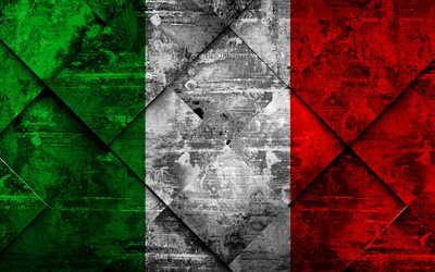 Flaggan i Italien, 4k, grunge konst, rhombus grunge textur, Italienska flaggan, Europa, nationella symboler, Italien, kreativ konst