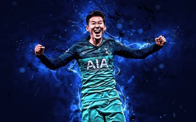 4k, Son Heung-min, joy, Tottenham Hotspur FC, blue uniform, South Korean footballers, forward, soccer, Heung-min Son, goal, Premier League, neon lights, Tottenham FC
