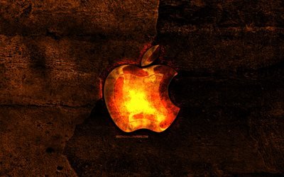 Apple logo fiery, orange pierre fond, Apple, creative, Apple logo, marques, Pomme