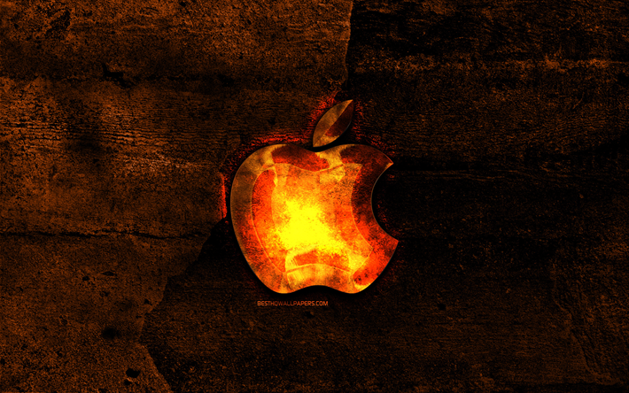 Apple brinnande logotyp, orange sten bakgrund, Apple, kreativa, Apples logotyp, varum&#228;rken