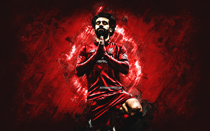 Mohamed Salah, Liverpool FC, Egyptil&#228;inen jalkapalloilija, hy&#246;kk&#228;&#228;j&#228;, Egyptin jalkapallo t&#228;hti, punainen kivi tausta, jalkapallo, creative art, Premier League, Englanti