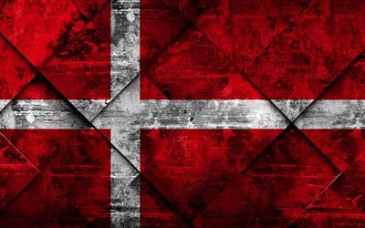Flagga av Danmark, 4k, grunge konst, rhombus grunge textur, Danska flaggan, Europa, nationella symboler, Danmark, kreativ konst