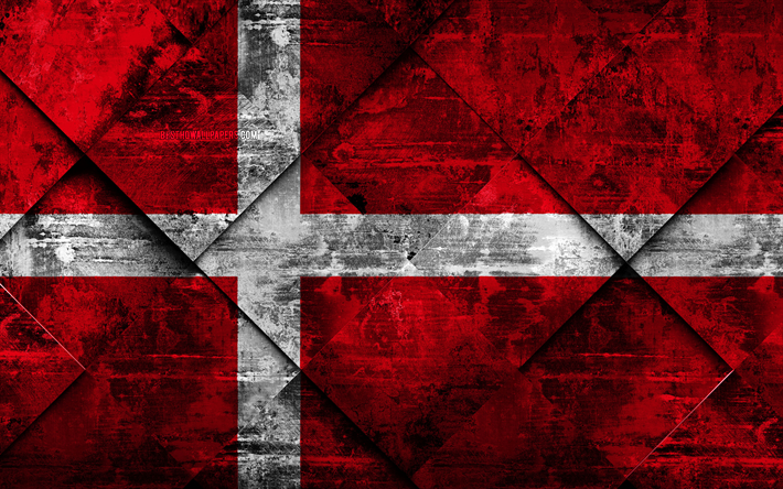 Bandeira da Dinamarca, 4k, grunge arte, rombo textura grunge, Bandeira dinamarquesa, Europa, s&#237;mbolos nacionais, Dinamarca, arte criativa