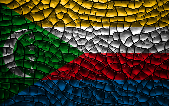 Bandeira de Comores, 4k, solo rachado, &#193;frica, Comores bandeira, Arte 3D, Comores, Pa&#237;ses da &#225;frica, s&#237;mbolos nacionais, Comores 3D bandeira