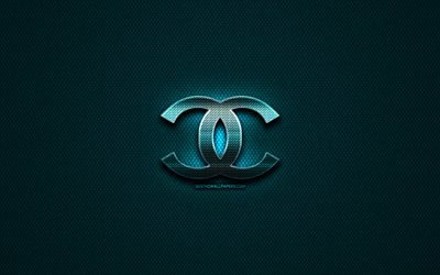 Chanel glitter logo, cr&#233;atif, bleu m&#233;tal, fond, logo Chanel, marques Chanel