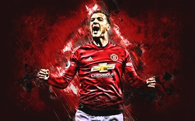 Diogo Dalot, Manchester United FC, Portugalin jalkapalloilija, muotokuva, punainen kivi tausta, Premier League, Englanti