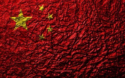 Bandeira da China, 4k, textura de pedra, ondas de textura, Bandeira chinesa, s&#237;mbolo nacional, China, &#193;sia, pedra de fundo