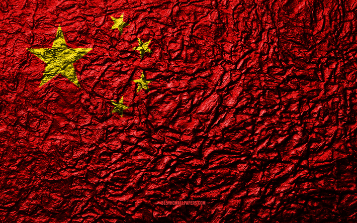 العلم من الصين, 4k, الحجر الملمس, موجات الملمس, العلم الصيني, الرمز الوطني, الصين, آسيا, الحجر الخلفية