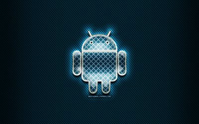 Android glass logo, blue background, artwork, Android, brands, Android rhombic logo, creative, Android logo