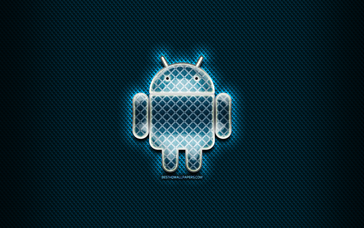 Android glass logo, blue background, artwork, Android, brands, Android rhombic logo, creative, Android logo