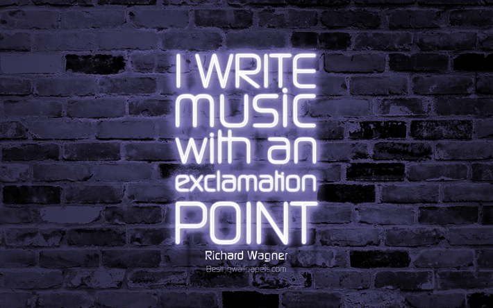 書き込んで音楽と感嘆符, 4k, 紫色のレンガ壁, リチャード-ワーグナーの引用, ネオンテキスト, 感, リチャード-ワグナー, 引用符音楽について
