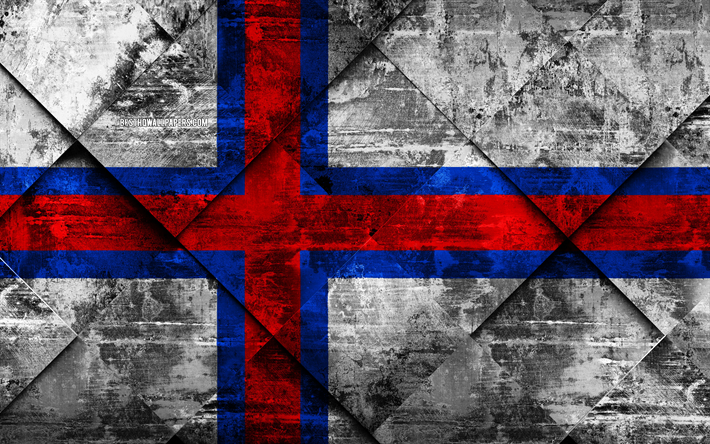 Faroe Adaları bayrağı, 4k, grunge sanat, rhombus grunge doku, Avrupa, ulusal semboller, Faroe Adaları, yaratıcı sanat