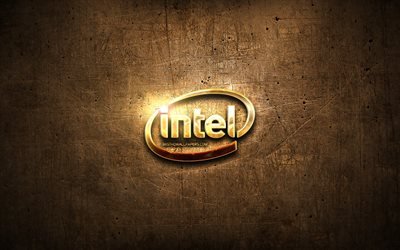 Intel golden logo, artwork, brown metal background, creative, Intel logo, brands, Intel