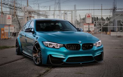 BMW M3, F80, 青色のマットM3, 外観, 黒色車輪, チューニングM3, BMW