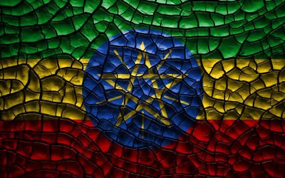 Drapeau de l&#39;&#201;thiopie, du 4k, terre craquel&#233;e, en Afrique, drapeau &#201;thiopien, art 3D, l&#39;Ethiopie, pays d&#39;Afrique, des symboles nationaux, l&#39;&#201;thiopie 3D drapeau