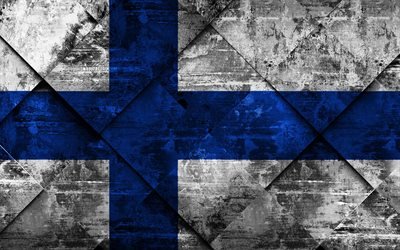 Finlandiya bayrağı, 4k, grunge tarzı, grunge doku, Finlandiya Finlandiya bayrağı, Avrupa, ulusal sembol, yaratıcı sanat rhombus
