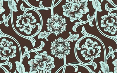 brun bakgrund med bl&#229; smycken, blomm&#246;nster, retro blommig struktur, retro bakgrund