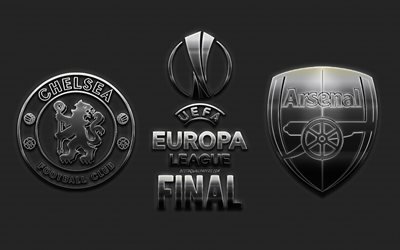 Chelsea FC vs Arsenal FC, 2019 UEFA Europa League, Final, metal logos, steel emblems, promo, football match, creative art, football