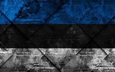 Bandera de Estonia, 4k, grunge arte, rombo grunge textura, la bandera de estonia, Europa, los s&#237;mbolos nacionales, Estonia, arte creativo