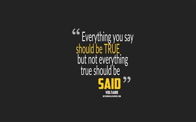 Everything you say should be true but not everything true should be said, Voltaire quotes, 4k, quotes about truth, motivation, gray background, popular quotes
