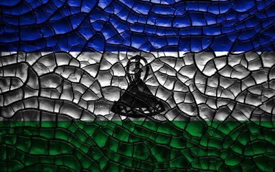 グレソト, 4k, ひび割れの土, アフリカ, レソトフラグ, 3Dアート, レソト, アフリカ諸国, 国立記号, レソト王国旗3D