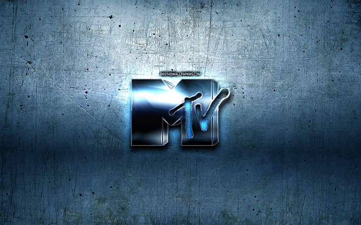 MTV glitter logo, creative, blue metal background, MTV logo, brands, MTV