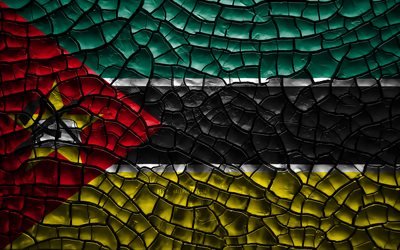 Bandera de Mozambique, 4k, agrietado suelo, &#193;frica, Mozambique bandera, arte 3D, Mozambique, los pa&#237;ses Africanos, los s&#237;mbolos nacionales, Mozambique 3D de la bandera